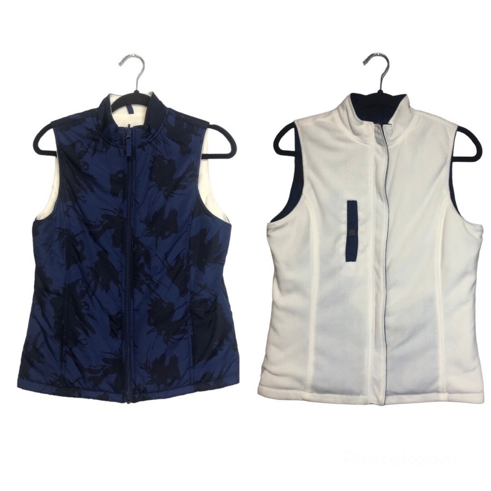Tabi Reversible Zip Up Navy & White Abstract Print Puffer Vest, size S